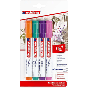 Edding 4500 Colores Divertidos Pack de 4 Rotuladores Permanentes para Textil - Punta Redonda - Trazo 2-3mm - Olor Neutro - Secado Rapido - Colores Nar