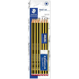 Staedtler Noris 120 Pack de 10 Lapices de Grafito Hexagonales 2HB + 1 Goma de Borrar Plastic 526 50 + 1 Sacapuntas 510 50 - Resistencia a la Rotura - 