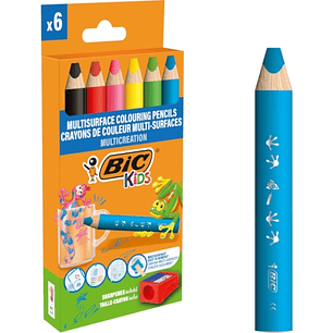 Bic Kids Multisuperficie Pack de 6 Lapices de Colores + Sacapuntas - Cuerpo Triangular - Minas Borrables en Superficies No Porosas - Colores Surtidos
