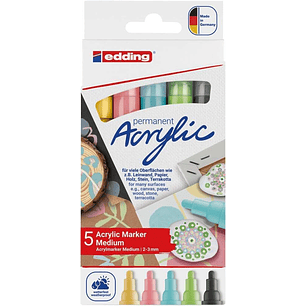 Edding 5100 Acrylic Pack de 5 Rotuladores Permanentes Acrilicos Pastel - Punta Redonda 2-3mm - Trazo Medio - Resistente a la Luz - Secado Rapido - Col