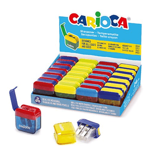Carioca Expositor con 24 Minisacapuntas de 2 Orificios con Deposito - Tapon de Seguridad en la Cuchilla - Colores Aleatorios Surtidos