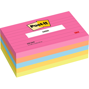 Post-It Pack de 5 Blocs de 100 Notas Adhesivas Reposicionables - con Lineas - 76x127mm - 100% PEFC - Colores Surtidos