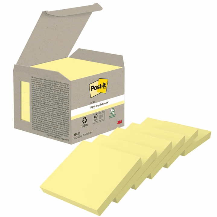 Post-It Pack de 6 Blocs de 100 Notas Adhesivas Recicladas - Forma Cuadrada - 76x76mm - Color Amarillo Claro 1
