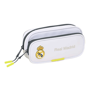 Safta Real Madrid Estuche Portatodo de 1.3L - 2 Compartimentos - Bolsillo Lateral - Cierre con Cremallera - 21x10.5x6cm - Color Blanco y Negro