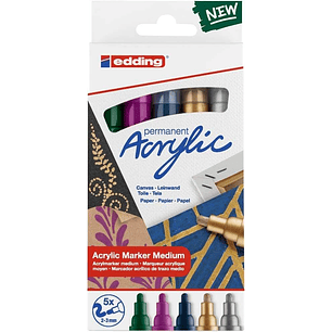 Edding 5100 Acrylic Pack de 5 Rotuladores Permanentes Acrilicos Metalizados - Punta Redonda 2-3mm - Trazo Medio - Resistente a la Luz - Secado Rapido 