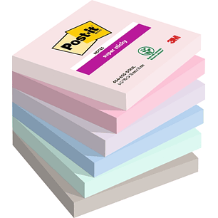 Post-It Super Sticky Pack de 6 Blocs de 90 Notas Adhesivas Reposicionables - Forma Cuadrada - 76x76mm - Colores Surtidos