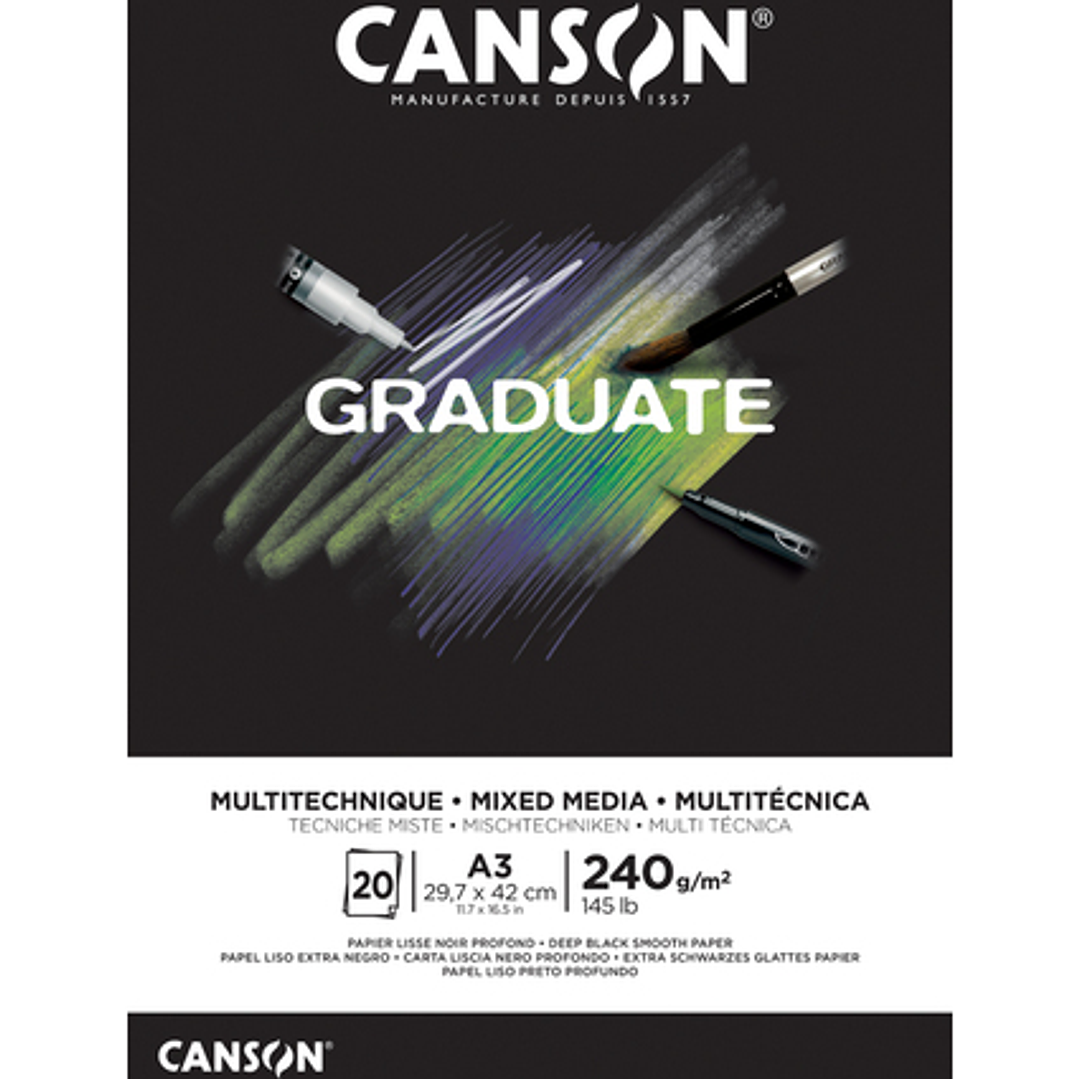 Canson Graduate Mix Media Bloc Encolado de 20 Hojas A3 - 240g - Grano Fino - Color Negro 1