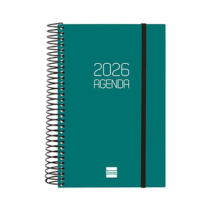 Finocam Opaque Agenda de Espiral - Anual 2026 - Tapa Ligera - Cierre con Goma Elastica - Formato E5 - 1 Dia por Pagina - Color Verde