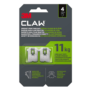 3M Claw Pack de 4 Ganchos de Metal para Paredes de Yeso - Soporta hasta 11kg - Color Gris/Titanio