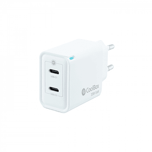 Coolbox Cargador de Pared 35W QC3.0 + PD - 2xUSB-C - Carga Rapida - Tecnología GaN - Color Blanco
