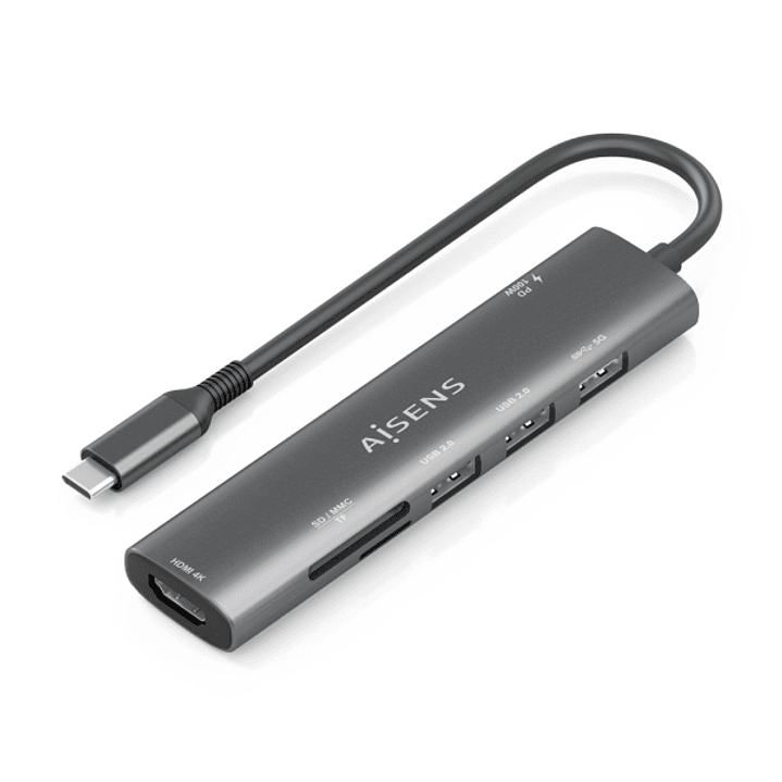 Aisens USB-C Dock 7 en 1 - USB-C a 1xHDMI - 2xUSB-A 2.0 - 1xUSB-A 3.0 - 1xUSB-C 100W - 1xSD - 1xMicroSD - 15cm - Color Gris 1