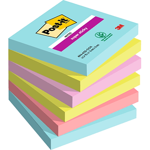 Post-It Super Sticky Pack de 6 Blocs de 90 Notas Adhesivas Reposicionables - Forma Cuadrada - 76x76mm - Colores Surtidos