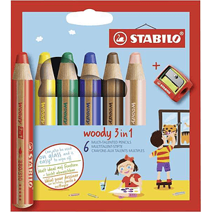Stabilo Woody 3 en 1 Pack de 6 Lapices de Colores + Sacapuntas - Lapiz de Color, Cera y Acuarela, Todo en Uno - Mina XXL 10mm - Colores Surtidos