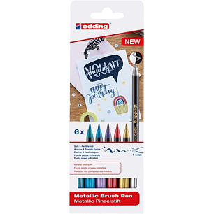 Edding 1340 Brush Pack de 6 Rotuladores - Punta Pincel Flexible - Trazo 1-3mm - Tinta con Base de Agua - Colores Oro, Rojo, Azul, Verde, Gris y Morado
