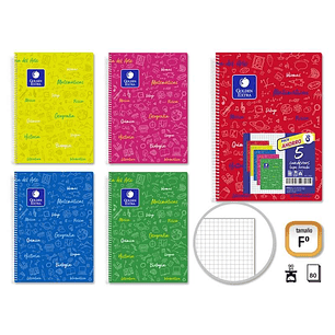 Golden Pack de 5 Cuadernos Folio 80 Hojas 90gr Cuadricula 4x4 - Resistente - Ideal para Estudiantes - Tapa Forrada - Colores Surtidos
