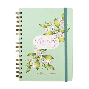 Finocam Flower Journal Agenda de Espiral - Anual 2026 - Tapa Dura - Cierre de Goma - Formato E10 - 155X212mm - Semana Vista Horizontal - Color Verde
