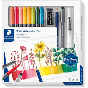 Staedtler Floral Watercolour Set Design Journey Pack con 8 Rotuladores Acuarelables Doble Punta en Colores Surtidos, 1 Rotulador Pigment Liner Negro, 