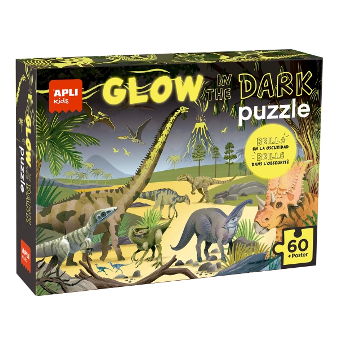 Apli Glow in the Dark Puzzle Fluorescente de 60 Piezas 6x6cm - Tematica Dinosaurios - Efecto Fluorescente que Revela Diseños Ocultos - Poster para Fac 1