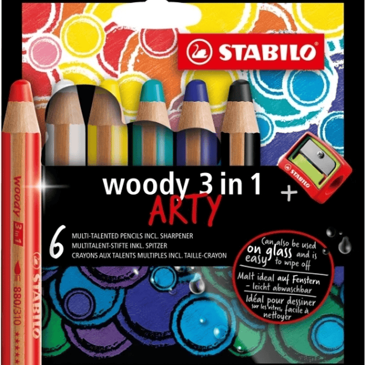 Stabilo Woody 3 en 1 Arty Pack de 6 Lapices de Colores + Sacapuntas - Lapiz de Color, Cera y Acuarela, Todo en Uno - Mina XXL 10mm - Colores Surtidos 1