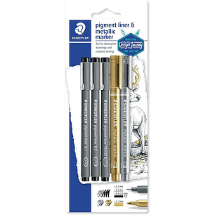 Staedtler Pigment Liner 308 Pack de 5 Rotuladores Calibrados - Tinta Resistente a la Luz y Agua - Para Escribrir, Esborzar y Dibujar - Colores Surtido