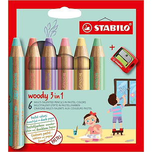 Stabilo Woody 3 en 1 Pack de 6 Lapices de Colores Pastel + Sacapuntas - Lapiz de Color, Cera y Acuarela, Todo en Uno - Mina XXL 10mm - Colores Surtido