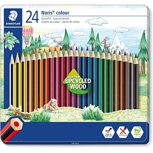 Staedtler Noris Colour 185 Caja Metalica con 24 Lapices Hexagonales de Colores - Fabricados en Wopex - Muy Resistentes - Madera de Fuentes Sostenibles