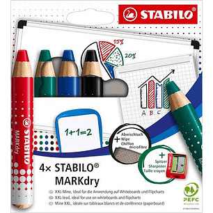 Stabilo MARKdry Pack de 4 Marcadores para Pizarra + Sacapuntas + Paño de Limpieza - Mina XXL de 10mm - Madera 100% Certificada PRFC - Colores Azul, Ve