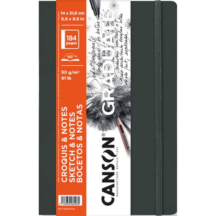 Canson Graduate Sketch Cuaderno con 92 Hojas - 14x21.6cm - 90g - Grano Fino - Tapa Blanda - Color Gris Oscuro 1