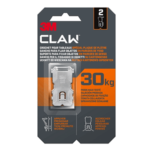 3M Claw Pack de 2 Ganchos de Metal para Paredes de Yeso - Soporta hasta 30kg - Color Gris/Titanio