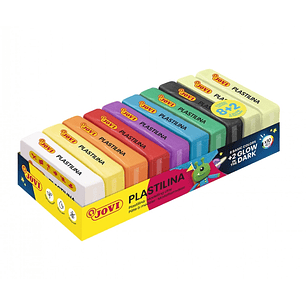 Jovi Bandeja con 10 Pastillas de Plastilina 50gr - 8 Colores Basicos + 2 Fluorescentes - Muy Moldeable - No se Seca - Colores Surtidos