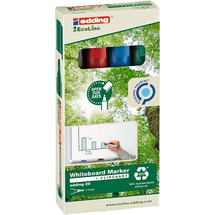 Edding 29 EcoLine Pack de 4 Rotuladores para Pizarra Blanca - Punta Biselada - Trazo entre 1-5mm - 90% de Plastico Reciclado - Borrado en Seco - Color