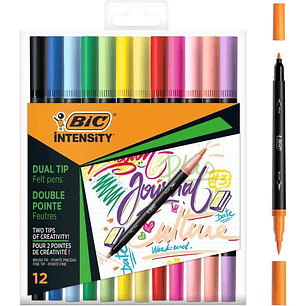 Bic Intensity Dual Tip Pack de 12 Rotuladores Doble Punta - Punta de Pincel + Punta Fina - Tinta con Base de Agua - Colores Clasicos y Pastel Surtidos