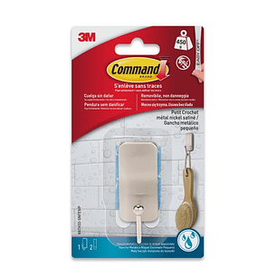 Command Gancho Compacto para Aseo - Resistente al Agua - 1 Unidad - 2 Tiras Adhesivas - Soporta hasta 450G - Talla S - Color Niquel Satinado