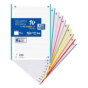 Oxford 10 Recambio Formato A4 Cuadriculado 5x5mm 4 Taladros - 160 Hojas Sueltas - Banda de 10 Colores