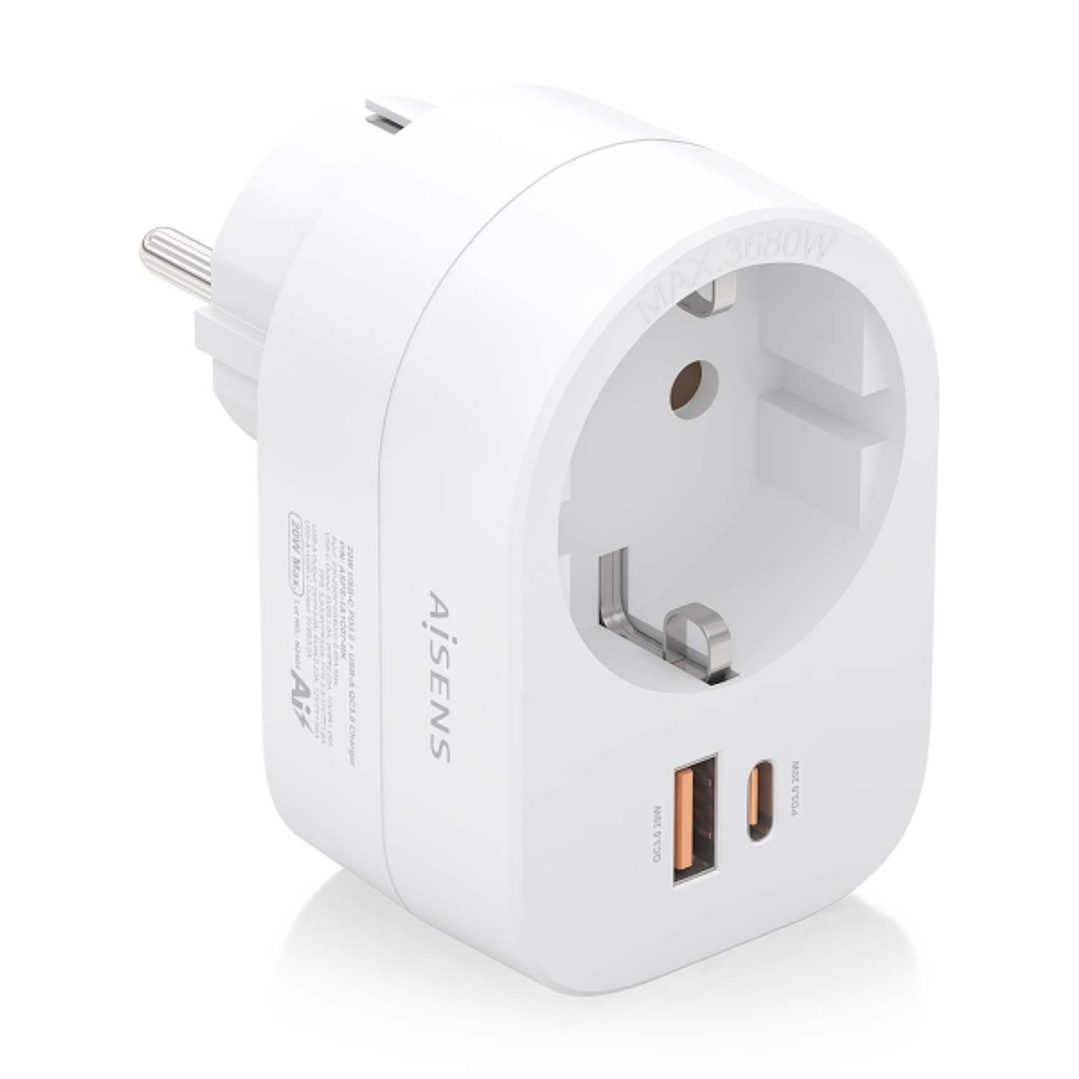 Aisens Regleta de Pared Multifuncion con 1 Toma + 1xUSB-C 20W PD3.0 - 1xUSB-A 20W QC3.0 - Color Blanco 1