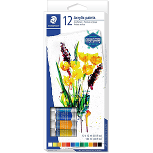 Staedtler 8500 Pack de 12 Tubos de Pintura Acrilica - Facil de Mezclar - Para Amplia Variedad de Superficies - Colores Surtidos