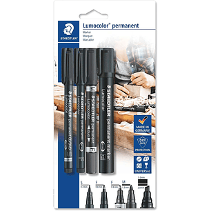 Staedtler Lumocolor Permanent Pack de 4 Rotuladores Permanentes - Diferentes Puntas - Resistente al Agua - Recargables - Color Negro