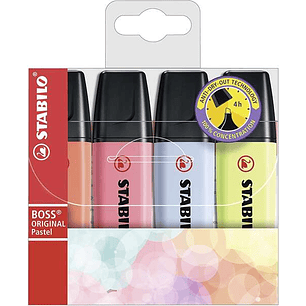 Stabilo Boss 70 Pastel Pack de 4 Marcadores Fluorescentes - Trazo entre 2 y 5mm - Recargable - Tinta con Base de Agua - Colores Surtidos