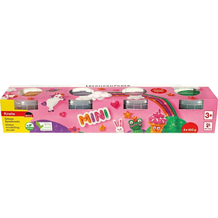 Eberhard Faber Mini Kids Pack con 4 Botes 100gr de Pasta de Modelar - 97% Ingredientes Naturales - Colores Brillantes Naranja, Morado, Rosa y Verde