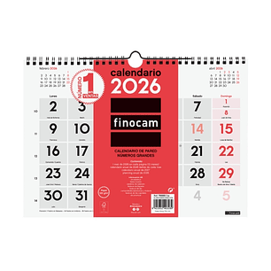 Finocam Calendario de Pared - Anual 2026 - Formato M - 300x5x220mm - Numeros Grandes - Color Blanco y Rojo