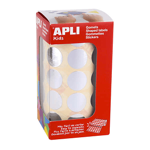 Apli Gomets Redondos Plata Metalizado Ø 20mm - 59 Hojas Pretroqueladas - 1770 Gomets por Rollo - Ideal para Escuelas y Talleres Infantiles - Cumple No
