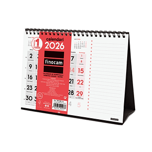 Finocam Calendario de Sobremesa en Catalan - Anual 2026 - Espacio para Notas - 210x70x160mm - Numeros Grandes - Color Blanco y Rojo