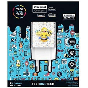 TechOneTech Emojitech Smile Cargador Doble de Pared USB-A - Alto Rendimiento