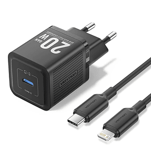 Vention Cargador de Pared GaN USB-C 20W - Cable USB-C a Lightning 1m - Color Negro