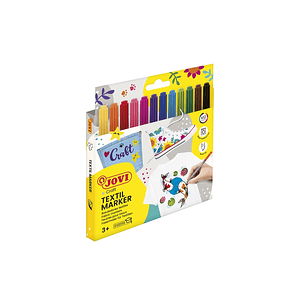 Jovi Textil Marker Estuche de 12 Rotuladores Textiles - Tinta Base Agua - Punta Pincel - Secado Rapido - Resistentes a Lavados - Ideales para Decorar 