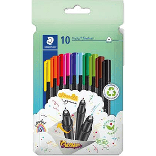 Staedtler Triplus Fineliner 334 Pack de 10 Rotuladores de Punta Fina en Envase de Carton - Trazo de 0.3mm Aprox - Diseño Ergonomico - Tinta Base de Ag
