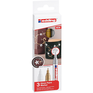 Edding 750 Pack de 3 Rotuladores Permanentes - Punta Redonda - Trazo entre 2 y 4 mm. - Tinta Opaca - Secado Rapido - Colores Blanco, Plata y Oro