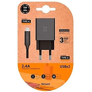 TechOneTech Cargador Doble de Pared + Cable USB-A a USB-C 1m - Recubierto de Nylon Trenzado