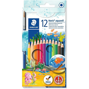 Staedtler Noris Aquarell Pack de 12 Lapices Hexagonales de Colores + Pincel - Madera de Bosques Sostenibles - Colores Surtidos