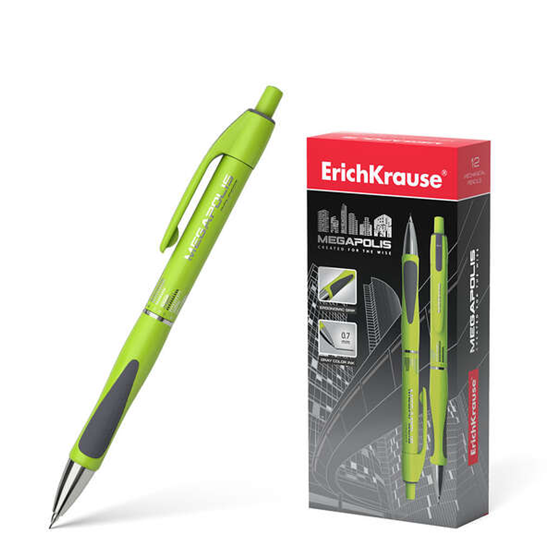 Erichkrause Megapolis Concept Portaminas 0.7mm HB - Cuerpo Redondo con Clip - Zona de Agarre Ergonomica - Para Minas de 0.7mm - Color Verde Neon/Gris 1